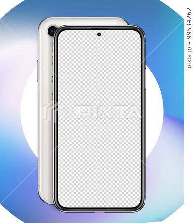 Minimalist smart phone mockup for vector presentation, app display, infographics, ux ui graphics. Smartphone with front and back view in gradient circle. 99534262