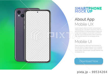 Smart phone isolated on white concept with blank transparent screen. High detailed 3d vector smartphone in front and back view to show your app ui design. Realistic cell phone mockup 99534264