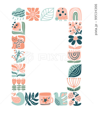 Vector spring ethnic logo composition pattern frame tile mosaic of bird, flower, leaf, strawberry and branch. Cute boho illustration in hand drawn constructor in square for scandinavian greeting card Vector spring ethnic logo composition pattern frame tile mosaic of bird, flower, leaf, strawberry and branch. Cute boho illustration in hand drawn constructor in square for scandinavian greeting card 99534366