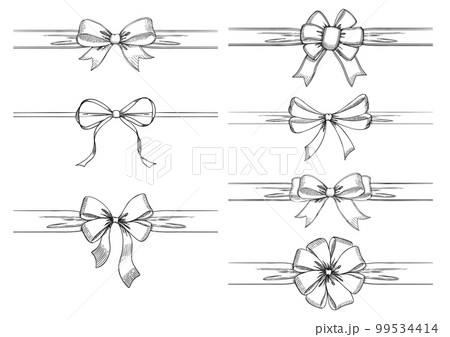 専用　絵画　手描きイラスト　原画　鉛筆画　ドローイング　リボン リボンの線画セット。手描きのベクターイラスト。ヴィンテージ風ライン
