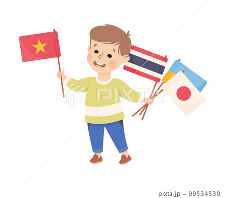 Cute happy little boy holding flags of different countries. Preschool kid learning about new countries cartoon vector illustration Cute happy little boy holding flags of different countries. Preschool kid learning about new countries cartoon vector illustration 99534530