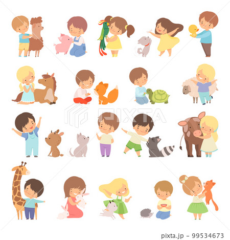 Cute Little Boy and Girl Interacting with Animal in Petting Zoo Big Vector Set 99534673