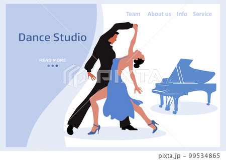 Elegant dancing couple and piano. Web banner, landing page for dance studio. Illustration, vector 99534865