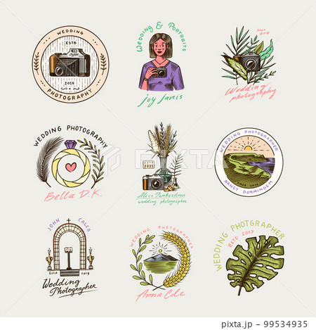 Wedding photographer badges or logos. Photo camera for the holiday. Photography Community. Templates 99534935