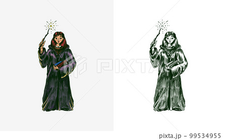 Beautiful Little Witch in a cloak. Fairy or enchantress. Vintage engraving sketch. Doodle outline 99534955