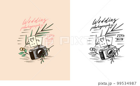 Photo camera and plants or flowers for the holiday. Wedding photographer badge or logo. Template for Photo camera and plants or flowers for the holiday. Wedding photographer badge or logo. Template for 99534987