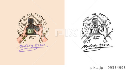 Women's hands hold vintage camera shutter. Wedding photographer badge or logo. Template for studio 99534993