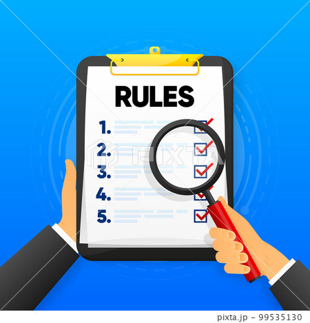 Office clipboard Rules. Legal law and corporate regulation. Businessman compliance and policy management. Learning the rules of conduct with a magnifying glass. Vector illustration. 99535130