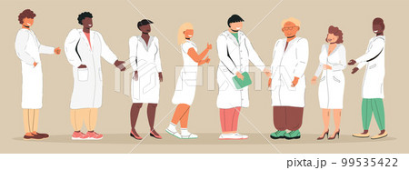 Smiling doctors, nurses vector. Distance medical conference. Clinic, doctor webinar, medicine blog illustration. 99535422