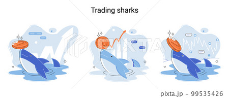 Whale emerges from water and holds gold coins on its nose. Inexperienced investor, bad investment 99535426