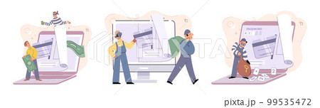 Hacker activity big set. Hacking computer. Phishing account, cyber attack on personal data 99535472
