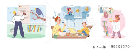 Children at home with phones and tablets set. Kids remote education, toddlers use smart technologies 99535570