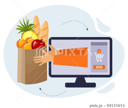 Online delivery, computer with order and package with groceries. Service concept.Illustration, vector 99535653