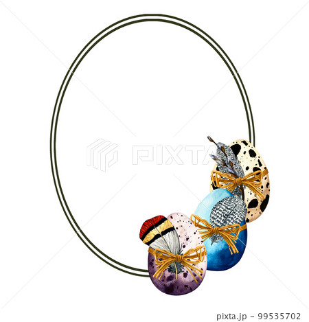 Watercolor frame easter with colored eggs. Spring hand drawn illustration isolated on white background. Watercolor frame easter with colored eggs. Spring hand drawn illustration isolated on white background. 99535702