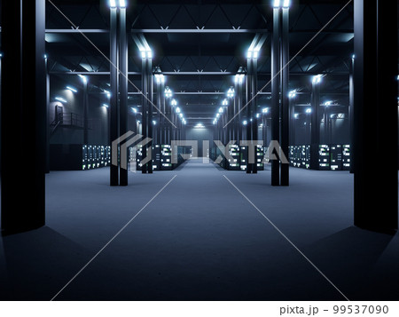 Server racks in cloud data center with database hardware and cluster computer. Backup, hosting server, mainframe processor in server room farm with storage information. AI concept. 99537090