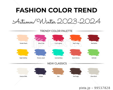 Fashion Color Trend Autumn - Winter 2023 - 2024. Trendy colors palette guide. Fabric swatches with color names. Easy to edit vector template for your creative designs 99537828