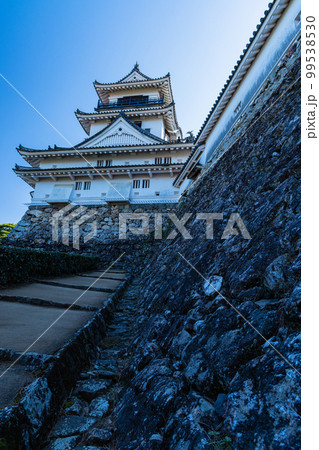 日本　高知県高知市の公園内に建つ高知城の詰門付近から見上げる天守閣 99538530