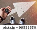 Traveler holding compass in the hand making choice in what direction to go 99538650