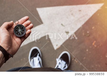 Traveler holding compass in the hand making choice in what direction to go 99538650