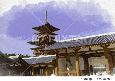 水彩画風　薬師寺　西塔　奈良県奈良市 99538701