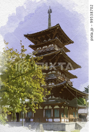 水彩画風 薬師寺 西塔 奈良県奈良市 水彩画風 薬師寺 西塔 奈良県奈良市 99538702