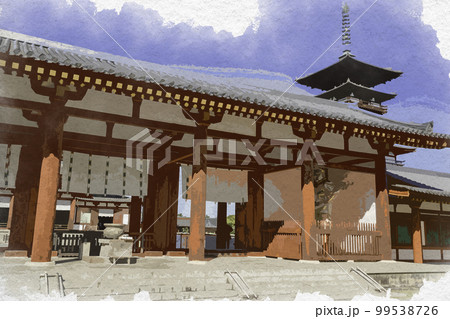 水彩画風　薬師寺　中門　奈良県奈良市 99538726
