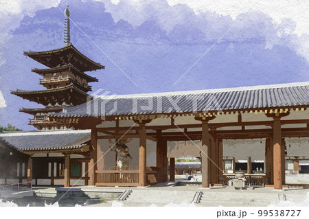 水彩画風　薬師寺　中門　奈良県奈良市 99538727