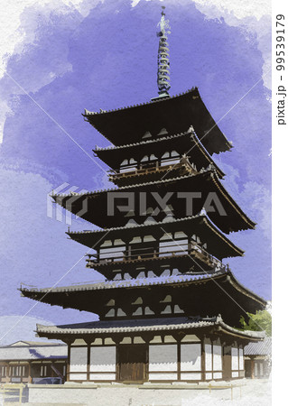 水彩画風　薬師寺　東塔　奈良県奈良市 99539179