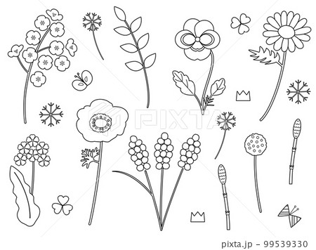 菜の花やパンジー・アネモネなどの塗り絵風の春の花のイラストのセット　線画バージョン　 99539330