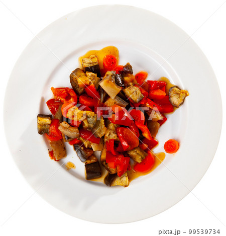 Ragout of baked aubergine, carrot, tomato, bell pepper and pork bacon 99539734