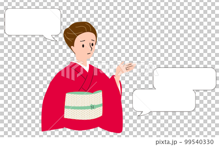 一位穿著和服的女士滿臉苦惱地解釋 Speech bubble side 一位穿著和服的女士滿臉苦惱地解釋 Speech bubble side 99540330
