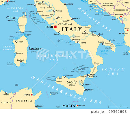 Southern Italy, known as Meridione or Mezzogiorno, political map. Macroregion of Italy consisting of its southern regions Abruzzo, Apulia, Basilicata, Calabria, Campania, Molise, Sardinia, and Sicily. 99542698