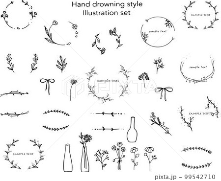 見出しーあしらいに使える手描きのかわいいモノクロボタニカルフラワーフレームイラストセット素材　 99542710
