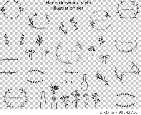 見出しーあしらいに使える手描きのかわいいモノクロボタニカルフラワーフレームイラストセット素材　 99542710