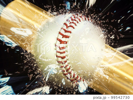 衝突する野球のボールとバットに爆発の効果を合成した3dイラスト 99542730