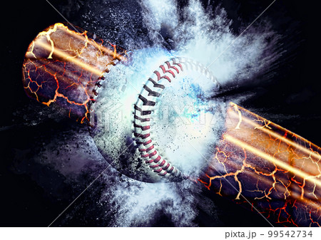 衝突する野球のボールとバットに爆発の効果を合成した3dイラスト 99542734