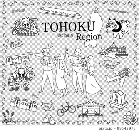 遊客在日本東北地區享受春天的觀光,一組圖標(黑白線描) 遊客在日本東北地區享受春天的觀光,一組圖標(黑白線描) 99542975