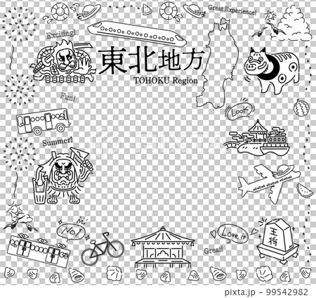 A set of icons for sightseeing in summer in the Tohoku region of Japan (line drawing black and white) 99542982