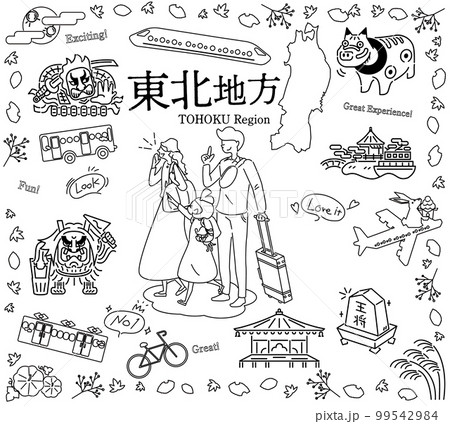 日本の東北地方の秋の名所観光を楽しむ三人家族、アイコンのセット（線画白黒） 99542984