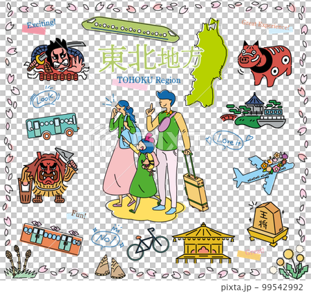 A family of three who enjoy sightseeing in spring in the Tohoku region of Japan, a set of icons (line drawing) A family of three who enjoy sightseeing in spring in the Tohoku region of Japan, a set of icons (line drawing) 99542992