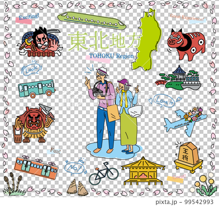 日本の東北地方の春の名所観光を楽しむシニア夫婦、アイコンのセット（線画） 99542993