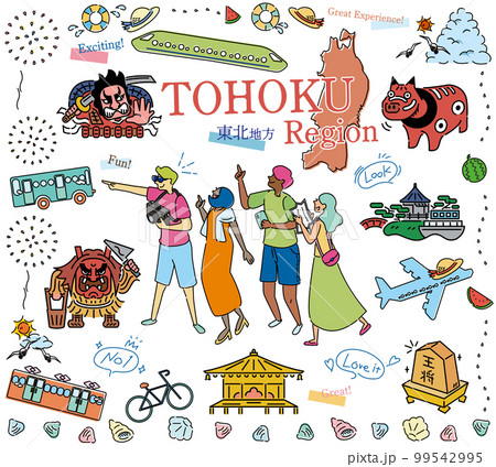 日本の東北地方の夏の名所観光を楽しむ観光客、アイコンのセット（線画） 99542995