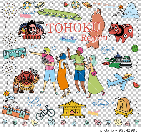 Tourists enjoying sightseeing in summer in the Tohoku region of Japan, set of icons (line drawing) 99542995