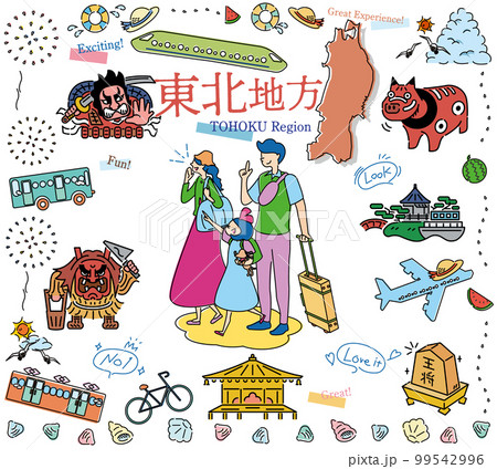 日本の東北地方の夏の名所観光を楽しむ三人家族、アイコンのセット（線画） 99542996