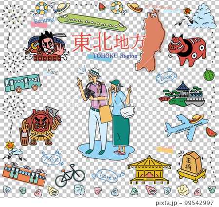 老年夫婦在日本東北地區享受夏季觀光，圖標集（畫線） 99542997