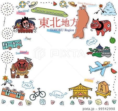 日本の東北地方の夏の名所観光のアイコンのセット（線画） 99542998