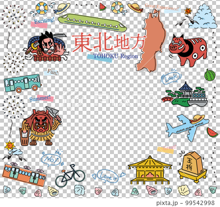 A set of icons of summer attractions sightseeing in the Tohoku region of Japan (line drawing) 99542998