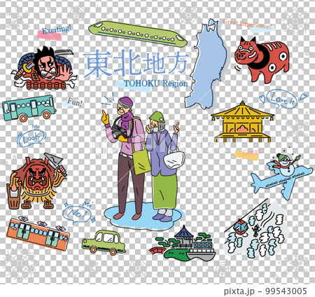 一對老年夫婦在日本東北地區享受冬季觀光，一組圖標（線條畫） 99543005