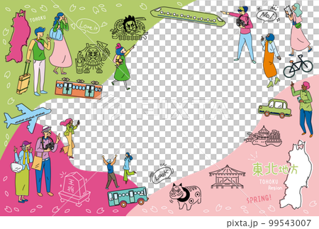 Tourists enjoying spring sightseeing in the Tohoku region of Japan, set of icons (line drawing) 99543007