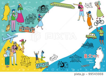 日本の東北地方の夏の名所観光を楽しむ観光客、アイコンのセット（線画） 99543008